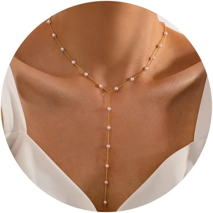 TOBENY Pearl Necklaces for Women 14k Gold Plated Handmade White Pearl Choker Necklace Dainty Small Tiny Beaded Pearl Strand Chain Necklace Delicate Single Wedding Prom Bridal Jewelry Gift