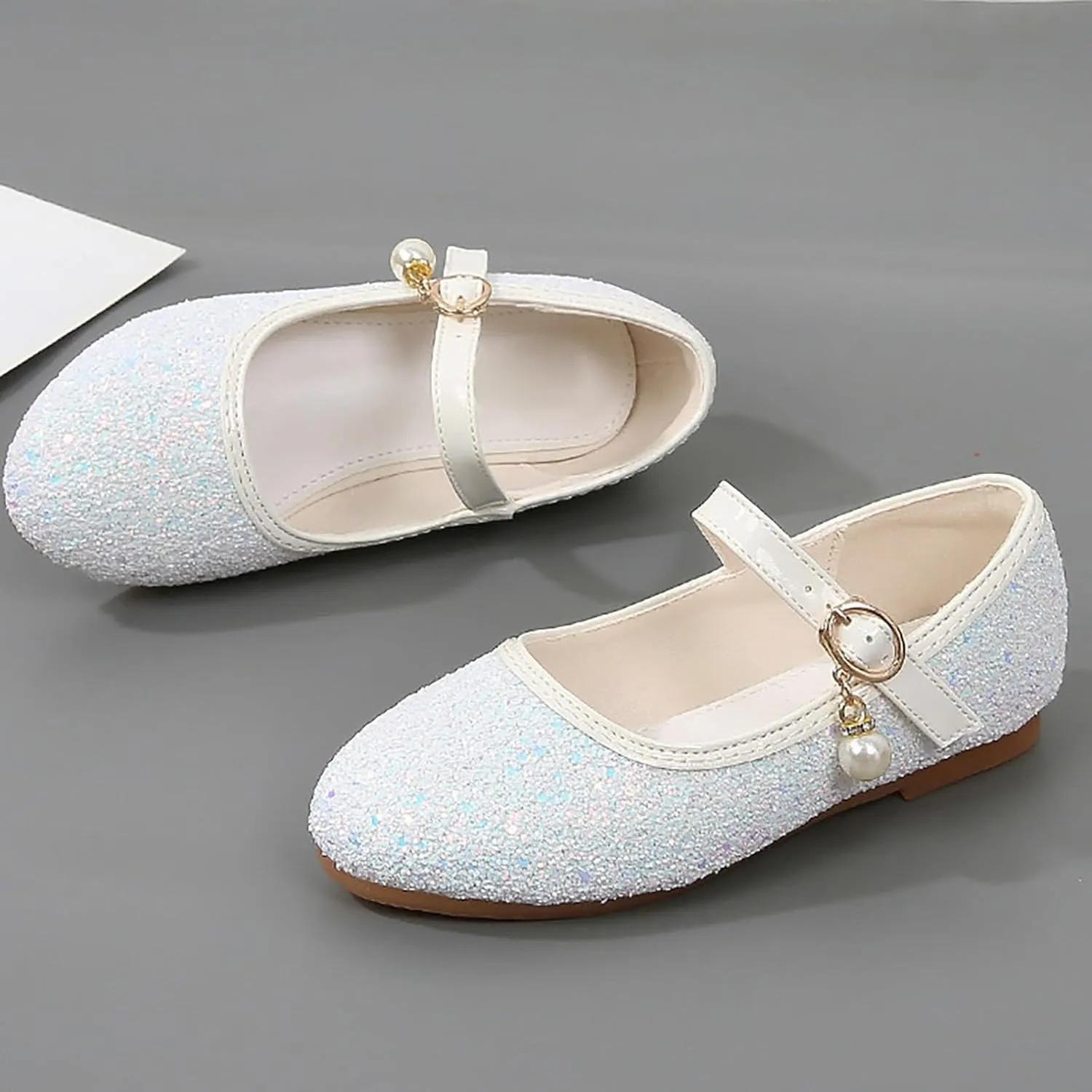 Toddler Girls Glitter Princess Dress Shoes Plat Sparkly Mary Jane Shoes Kids Buckle Sandals Pearl Strap Wedding