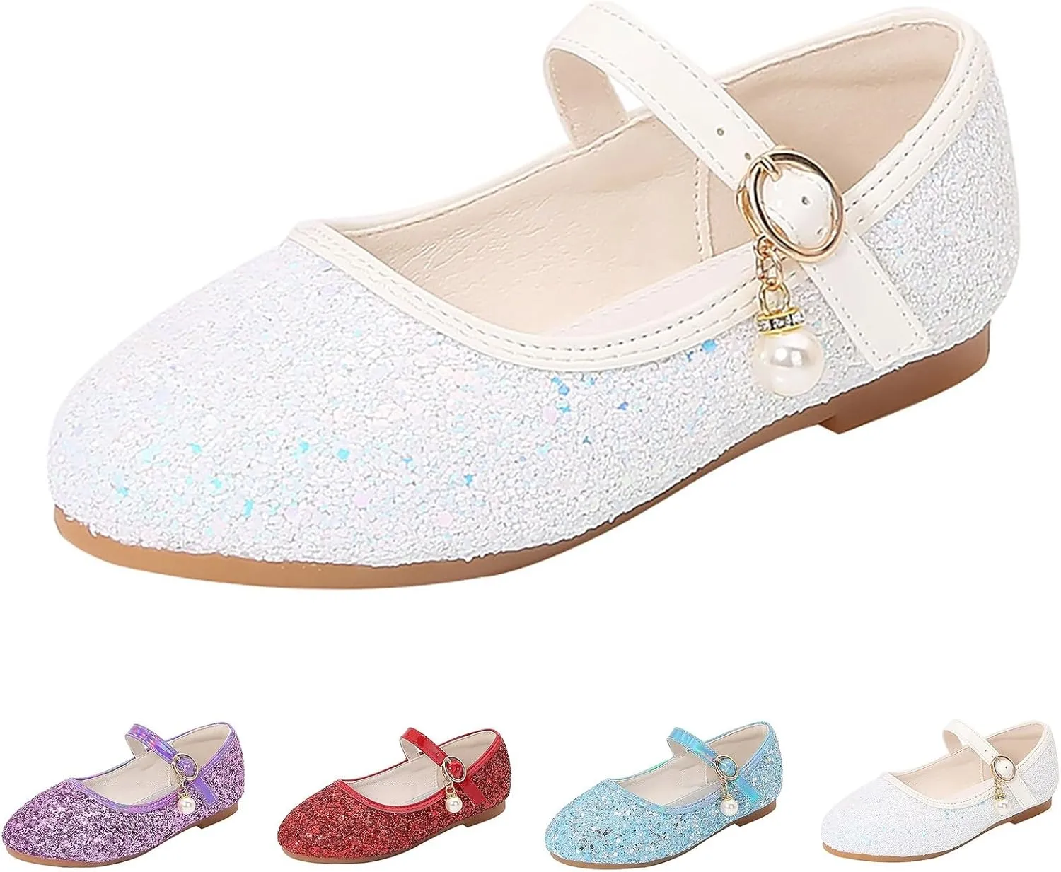 Toddler Girls Glitter Princess Dress Shoes Plat Sparkly Mary Jane Shoes Kids Buckle Sandals Pearl Strap Wedding