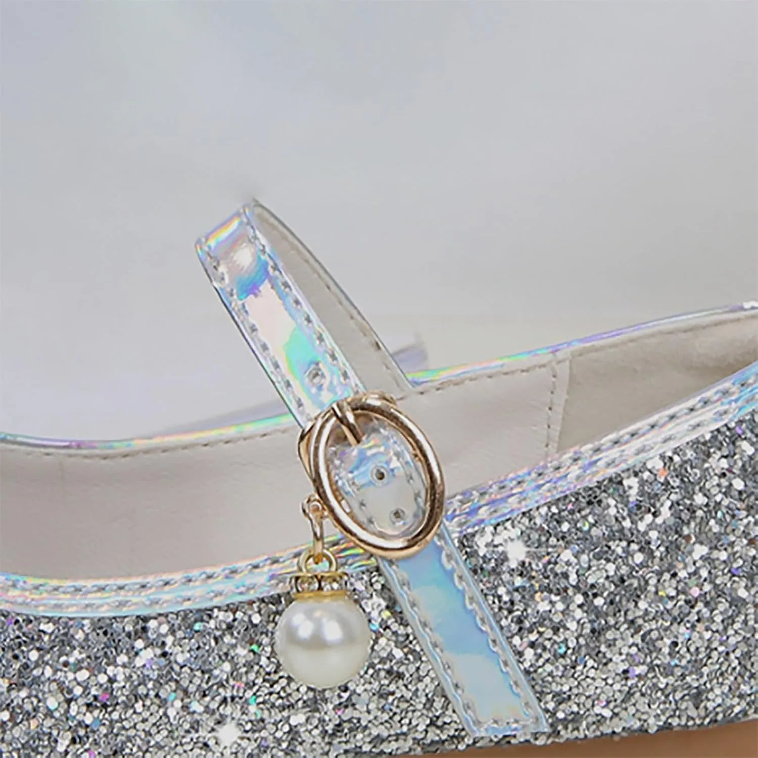 Toddler Girls Glitter Princess Dress Shoes Plat Sparkly Mary Jane Shoes Kids Buckle Sandals Pearl Strap Wedding