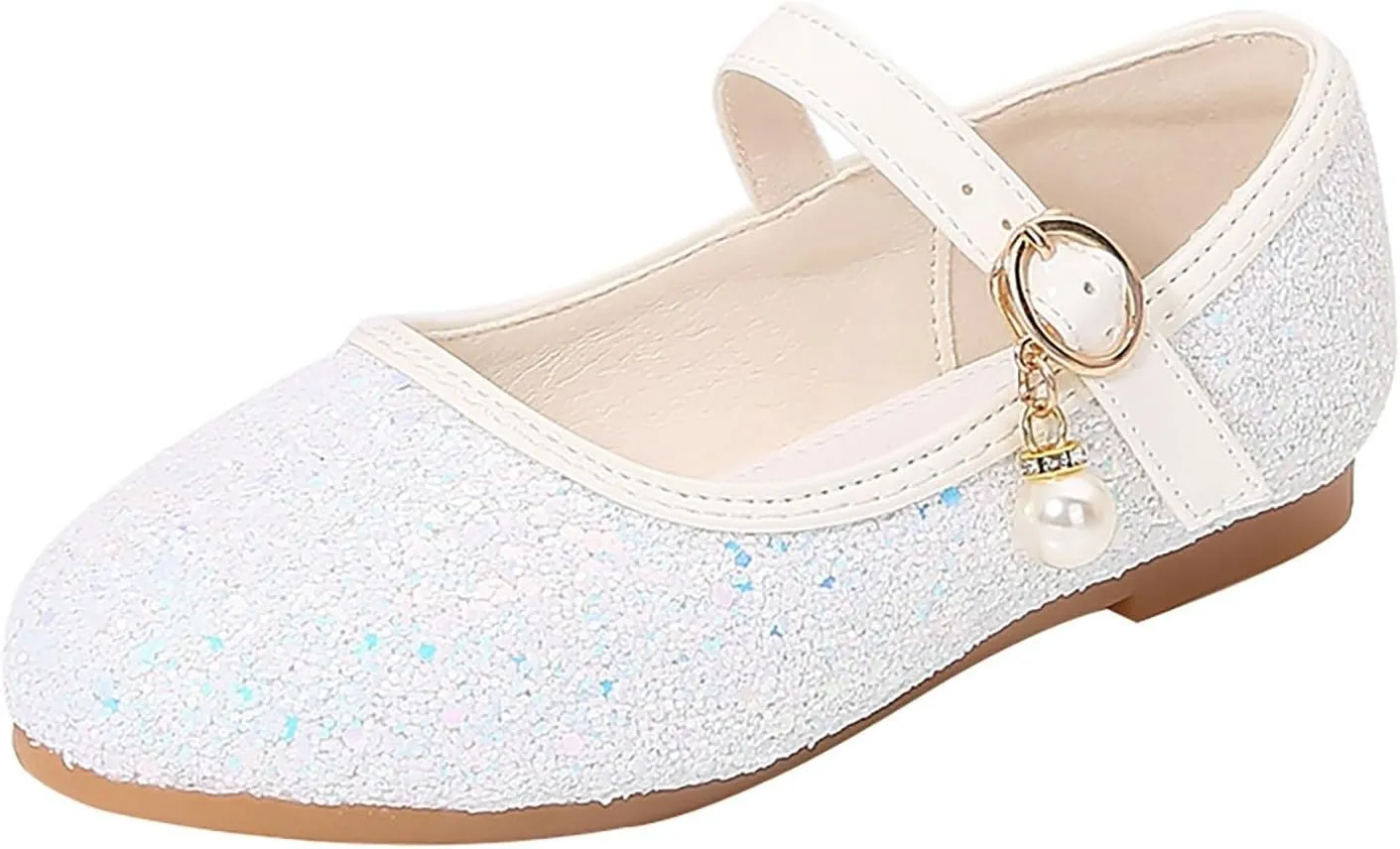 Toddler Girls Glitter Princess Dress Shoes Plat Sparkly Mary Jane Shoes Kids Buckle Sandals Pearl Strap Wedding