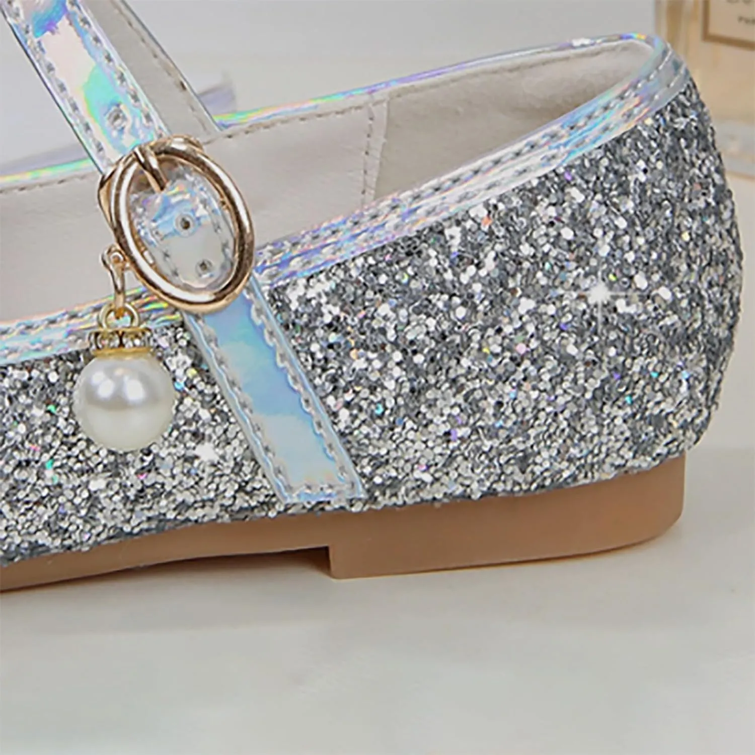 Toddler Girls Glitter Princess Dress Shoes Plat Sparkly Mary Jane Shoes Kids Buckle Sandals Pearl Strap Wedding