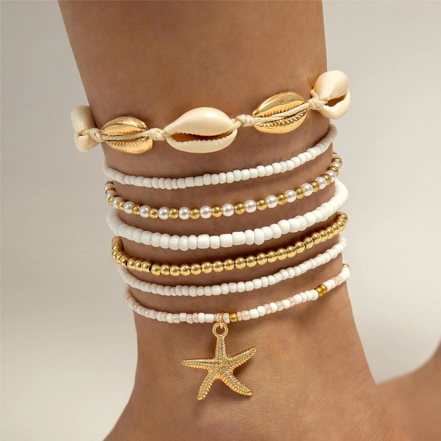 Todu 7-8 Pcs Boho Shell Bracelets Layered Beaded Summer Beach Starfish Bracelets Cute For Women Teen Girls Fashion Jewelry Gifts