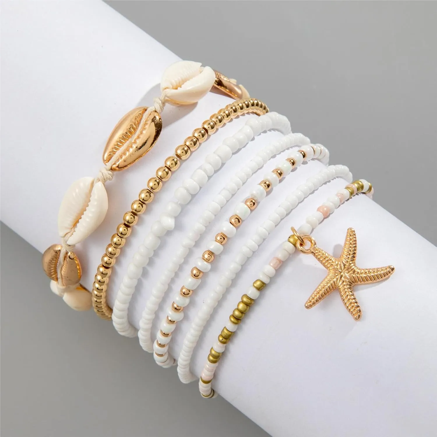 Todu 7-8 Pcs Boho Shell Bracelets Layered Beaded Summer Beach Starfish Bracelets Cute For Women Teen Girls Fashion Jewelry Gifts