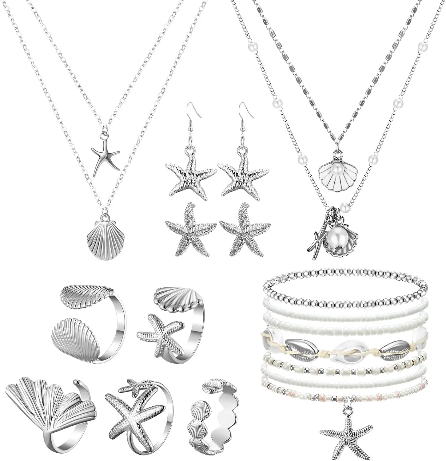 Tondiamo 16 Pcs Seashell Starfish Jewelry Set Seashell Earrings Rings Boho Layer Charm Necklace Summer Beach Bracelets and Natural White Anklet Set for Holiday Vacation Women Gifts