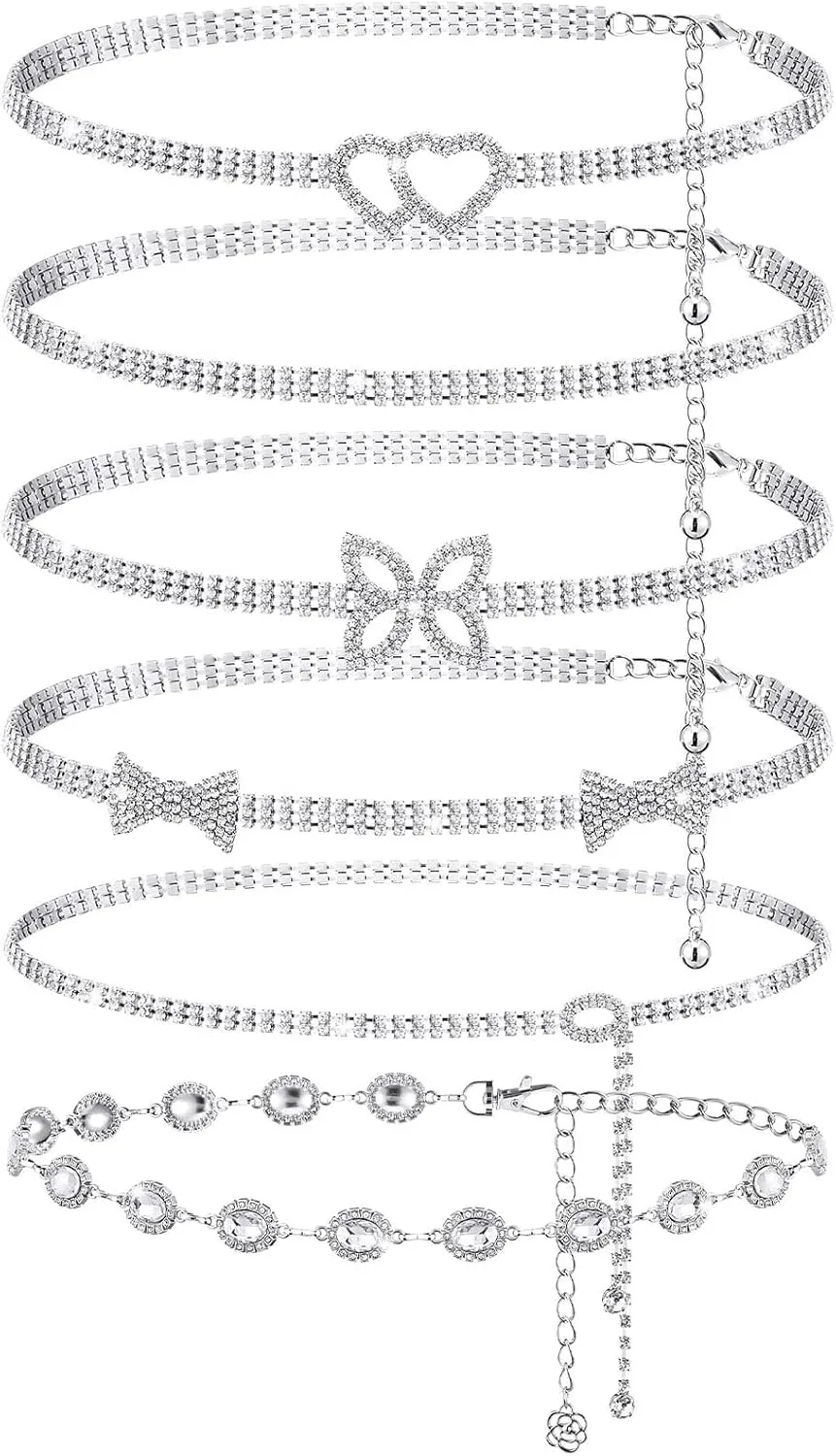 Tondiamo 6 Pcs Waist Belly Chain for Women Rhinestone Waist Belts Adjustable Diamond Formal Belts Summer Beach Bikini Dresses Silver Waistband for Ladies Shiny Wedding Bridal Evening Party Accessories