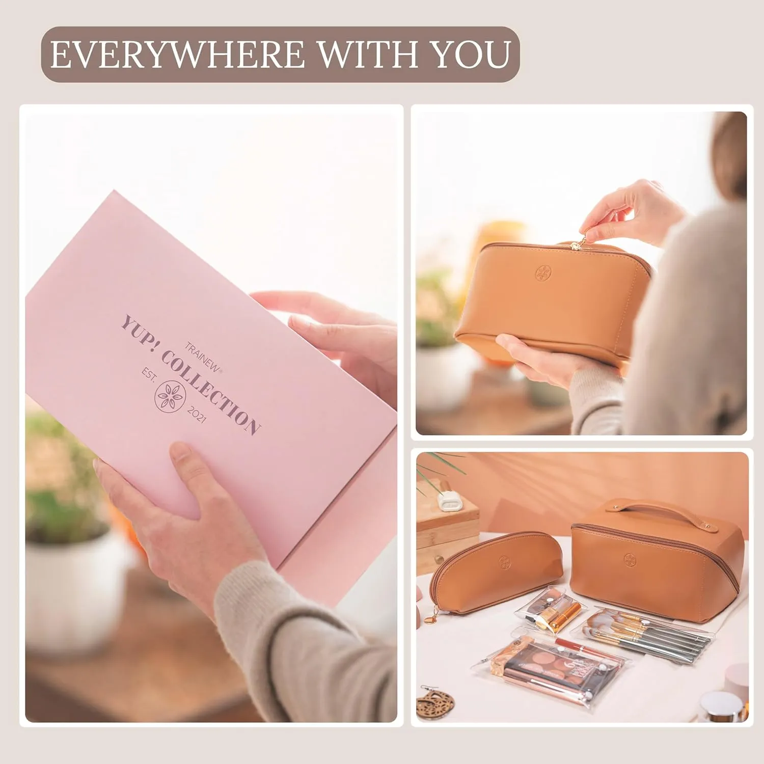 Travel Makeup Bag Waterproof Open Flat with Compartments, Large & Small Makeup Bag Organizer, PU Leather Toiletry Bag for Women, Cosmetic Bag, Make up Case Pouch, Make up Bags (5 Pieces Set)