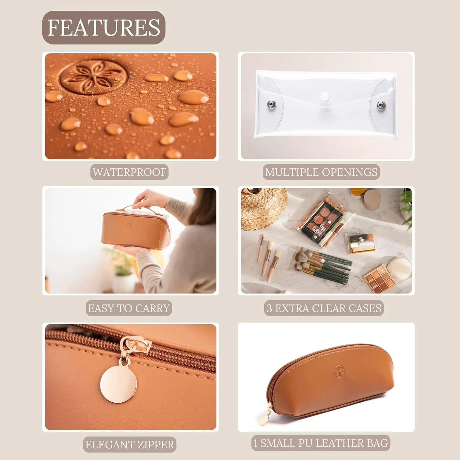 Travel Makeup Bag Waterproof Open Flat with Compartments, Large & Small Makeup Bag Organizer, PU Leather Toiletry Bag for Women, Cosmetic Bag, Make up Case Pouch, Make up Bags (5 Pieces Set)