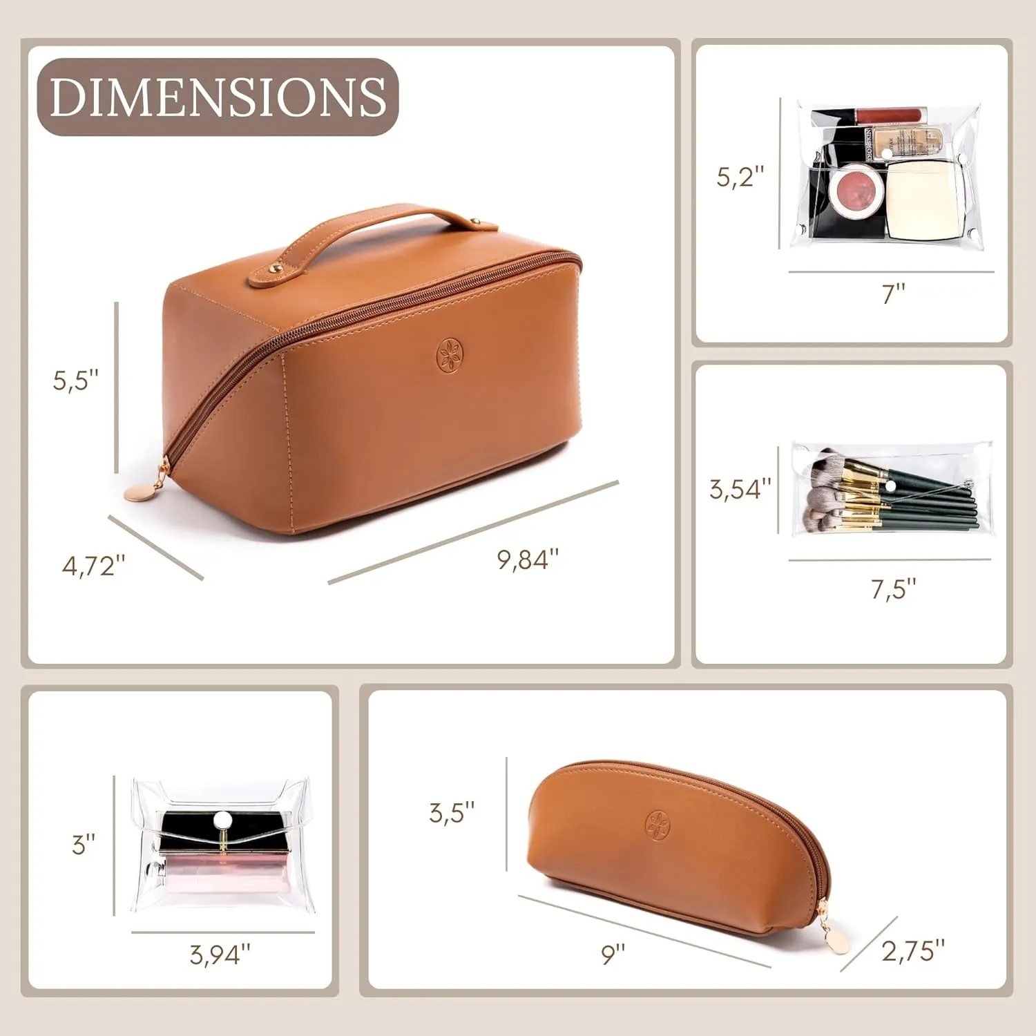 Travel Makeup Bag Waterproof Open Flat with Compartments, Large & Small Makeup Bag Organizer, PU Leather Toiletry Bag for Women, Cosmetic Bag, Make up Case Pouch, Make up Bags (5 Pieces Set)