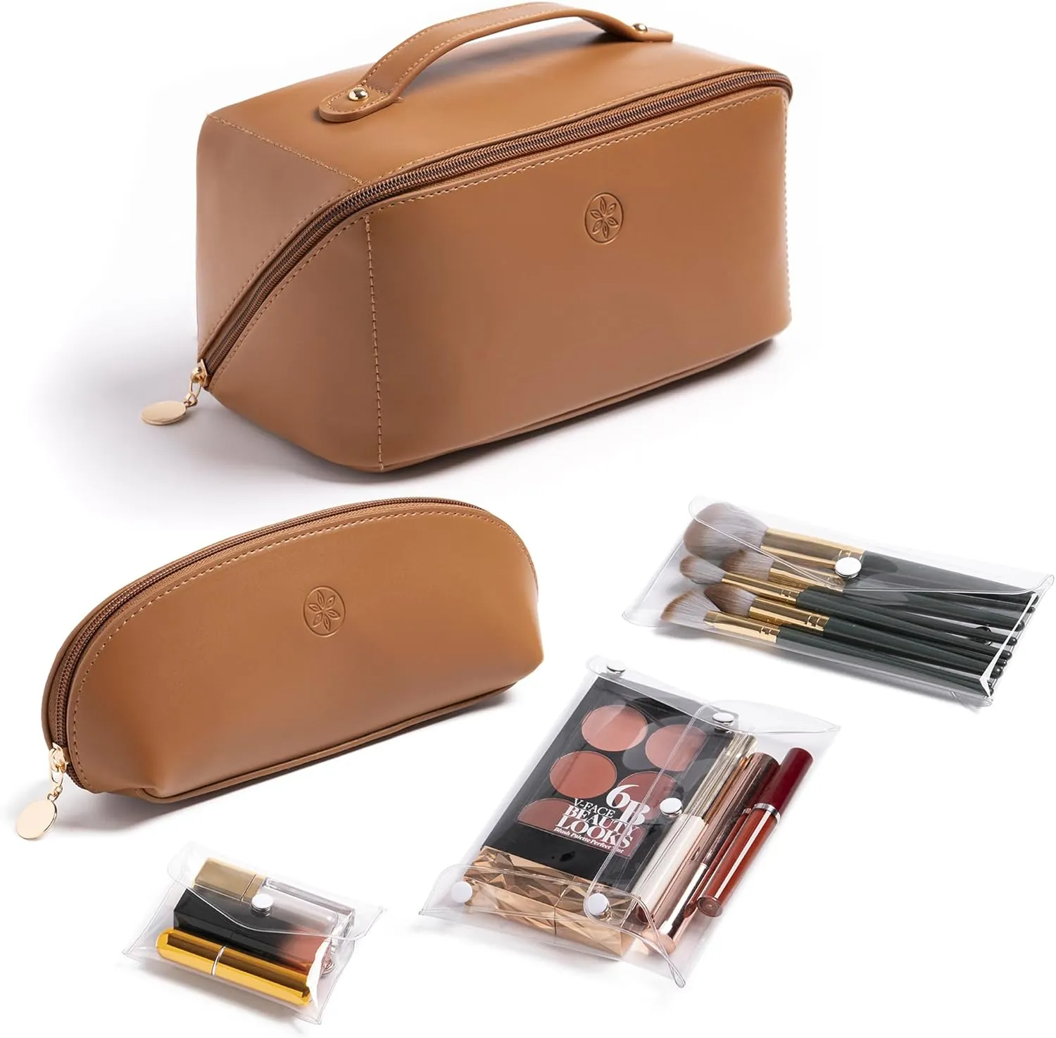 Travel Makeup Bag Waterproof Open Flat with Compartments, Large & Small Makeup Bag Organizer, PU Leather Toiletry Bag for Women, Cosmetic Bag, Make up Case Pouch, Make up Bags (5 Pieces Set)