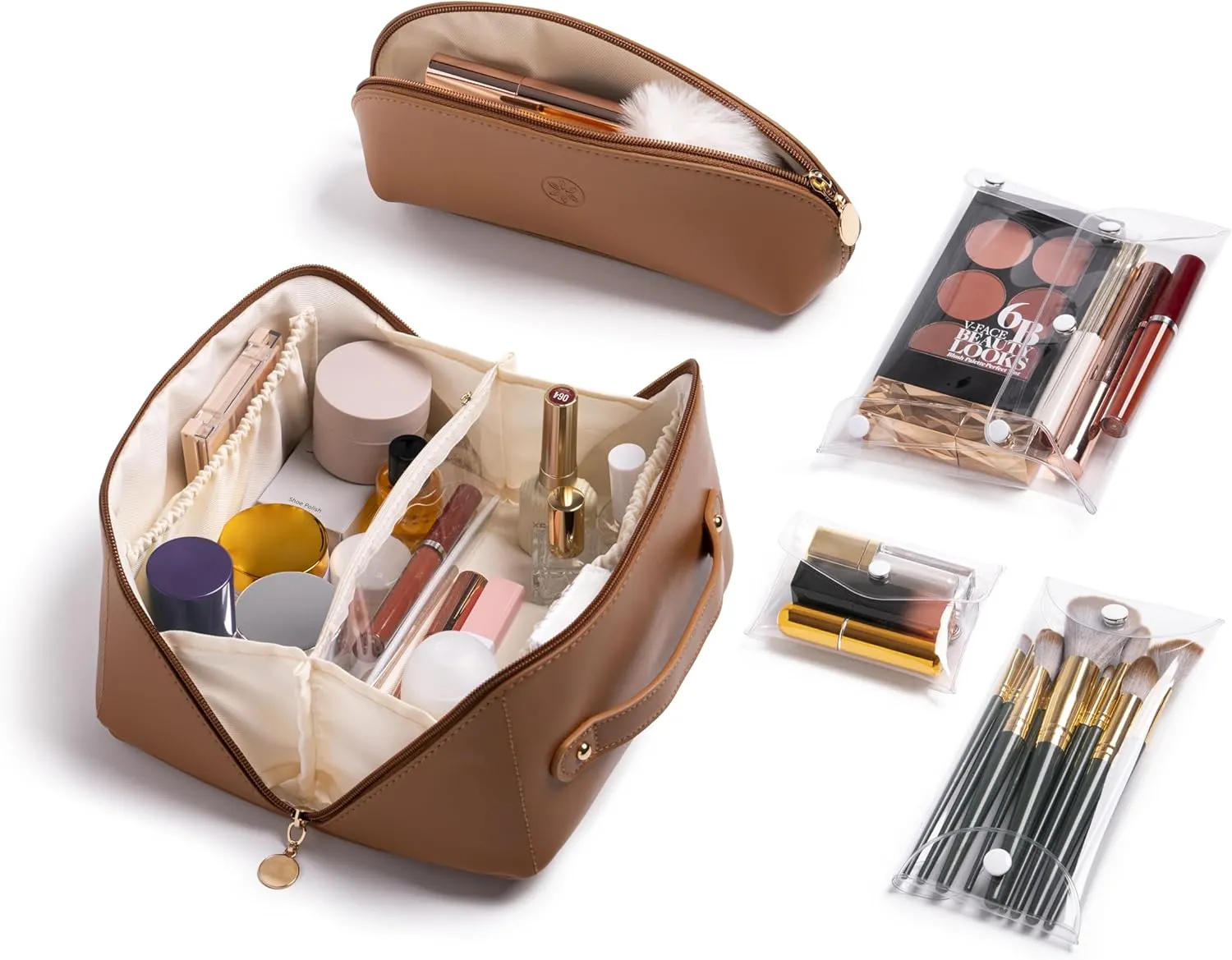 Travel Makeup Bag Waterproof Open Flat with Compartments, Large & Small Makeup Bag Organizer, PU Leather Toiletry Bag for Women, Cosmetic Bag, Make up Case Pouch, Make up Bags (5 Pieces Set)