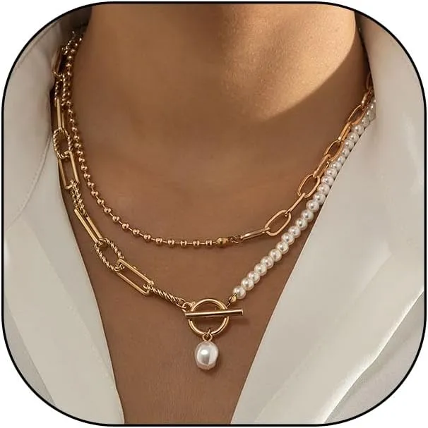 Trendy Silver Pearl Layered Necklaces for Women,Chunky Pearl Beaded Paperclip Chain Drop Necklace Stack Gold Choker Necklaces,Charm Jewelry Accessories