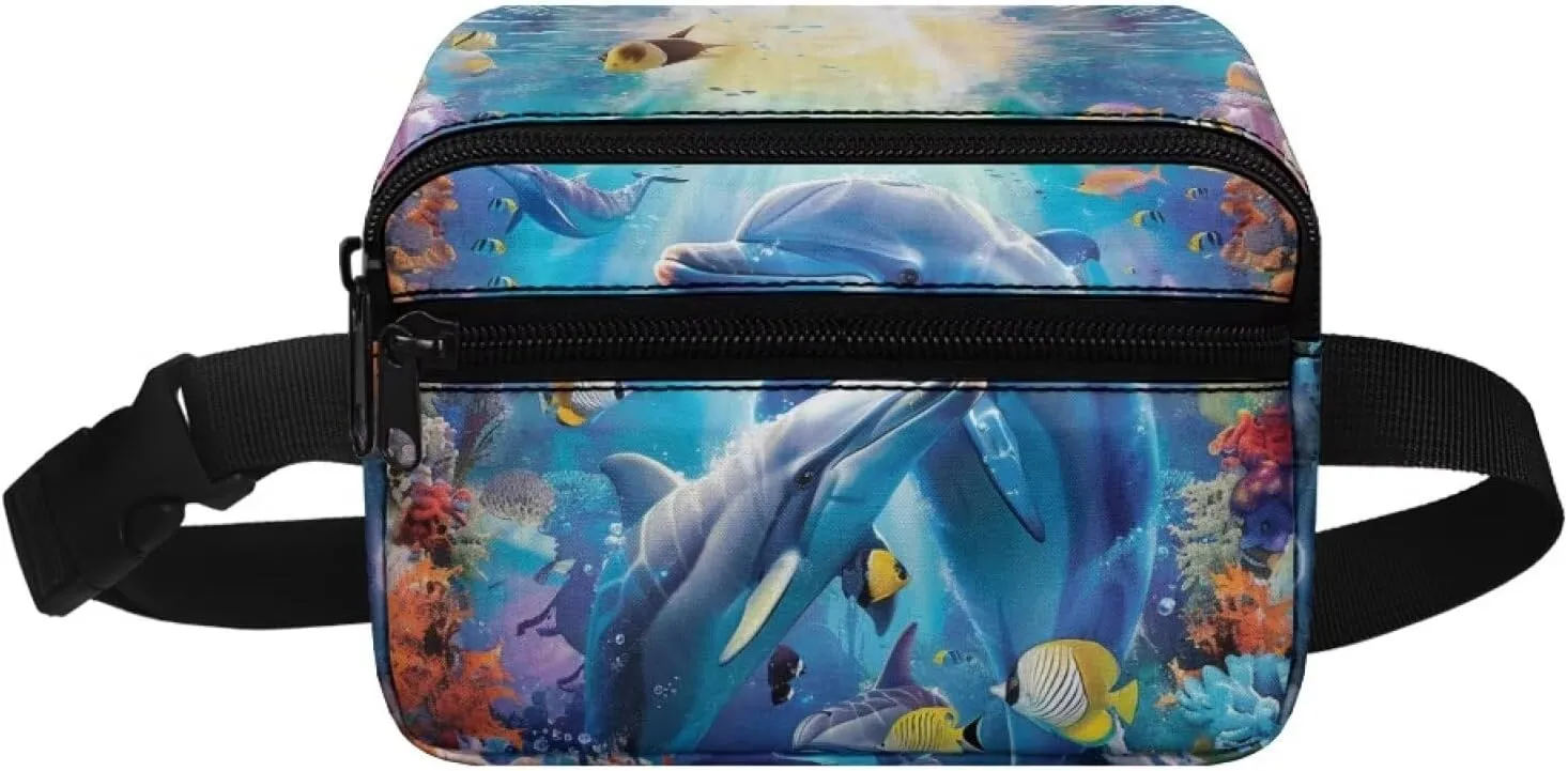 Uourmeti Boys Fanny Pack Crossbody Belt Bag Ocean Dolphin Waist Packs Bag with Adjustable Strap Small Belt Pouches with Zipper Travel Bags for Kids Stuff Bag