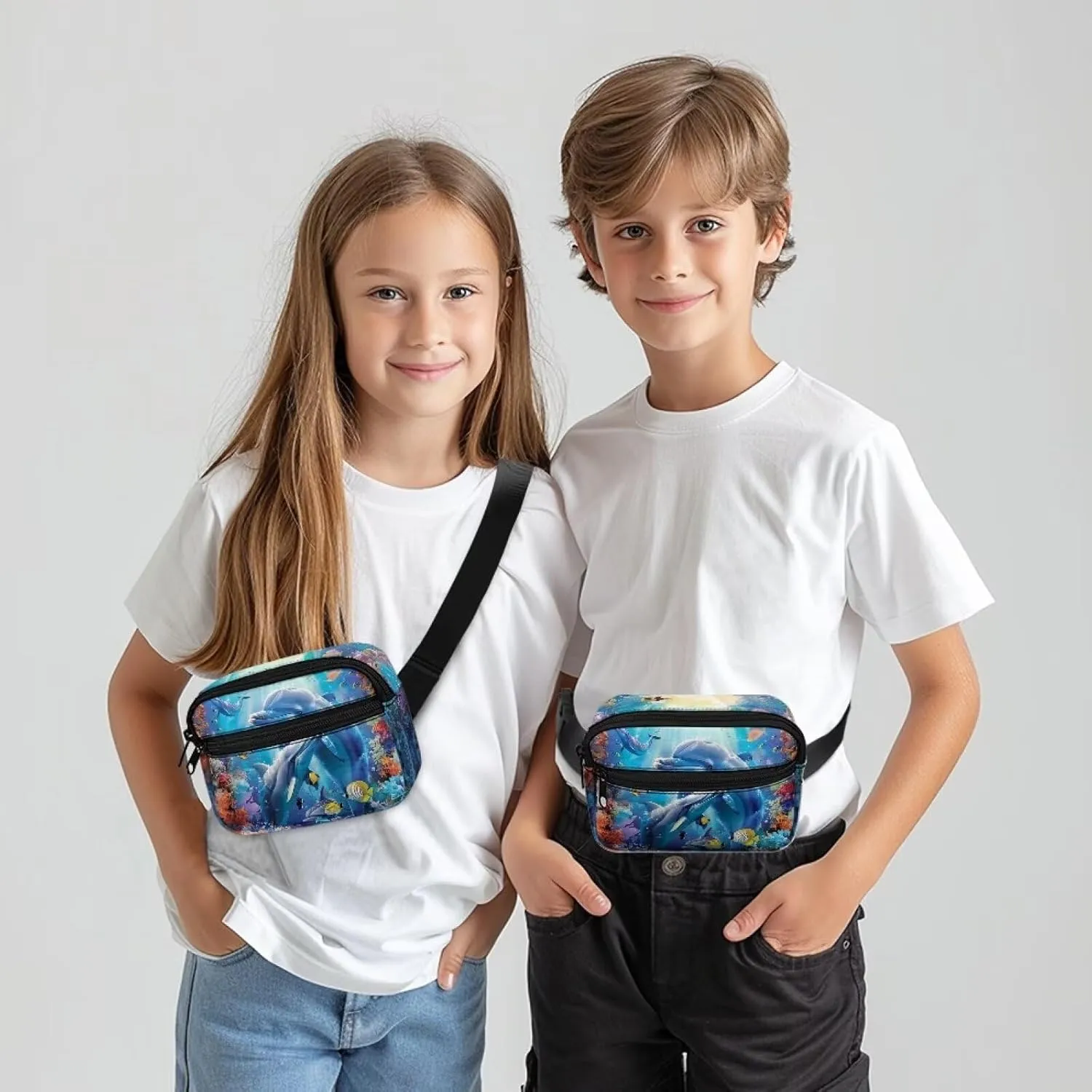 Uourmeti Boys Fanny Pack Crossbody Belt Bag Ocean Dolphin Waist Packs Bag with Adjustable Strap Small Belt Pouches with Zipper Travel Bags for Kids Stuff Bag