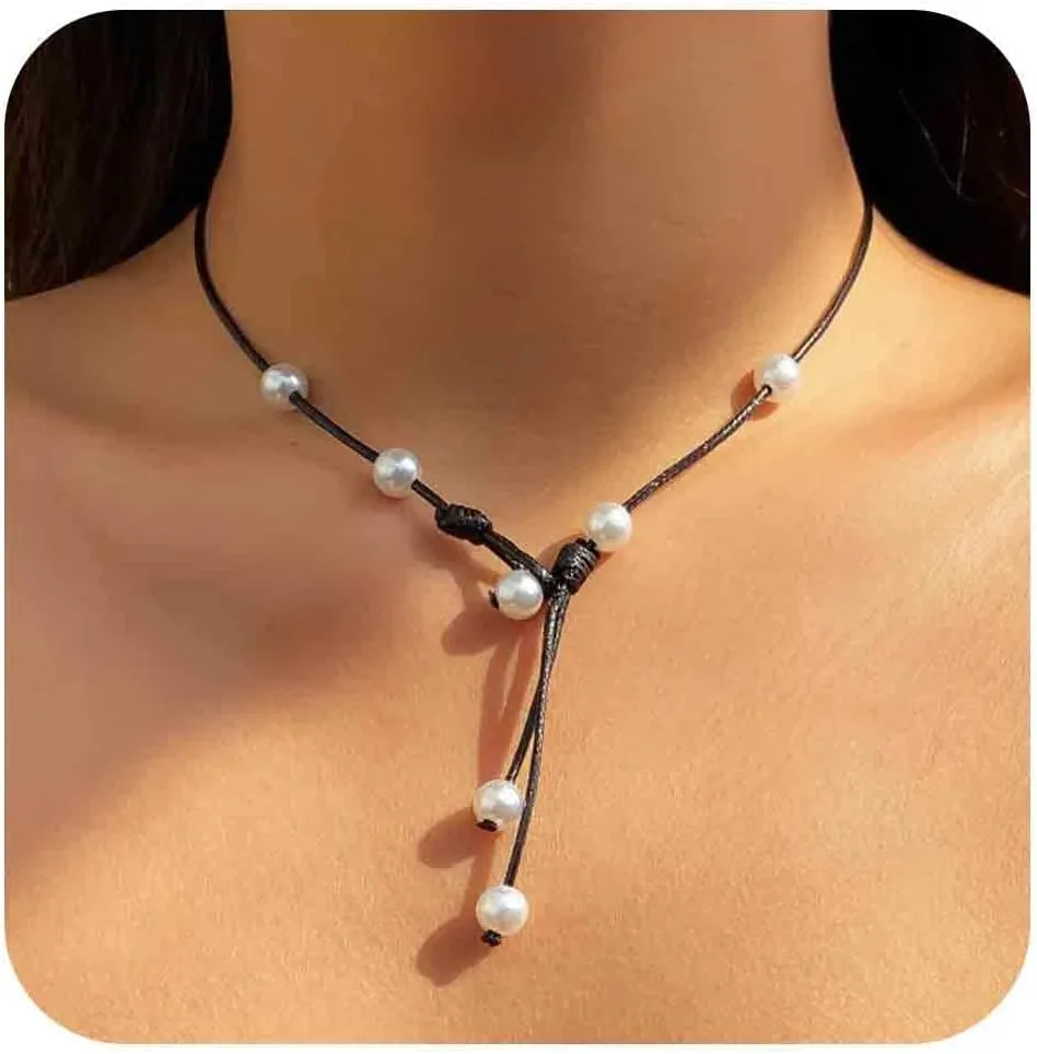 Vintage Black Leather Pearl Choker Necklace Leather Y Lariat Necklace Pearl Tassel Drop Necklaces Gothic Suede Rope Necklaces Jewelry for Women