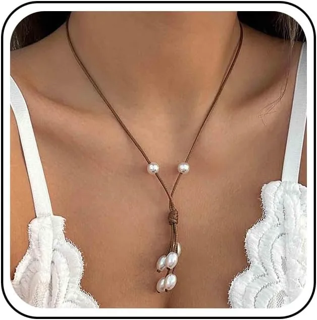 Vintage Black Leather Pearl Choker Necklace Leather Y Lariat Necklace Pearl Tassel Drop Necklaces Gothic Suede Rope Necklaces Jewelry for Women