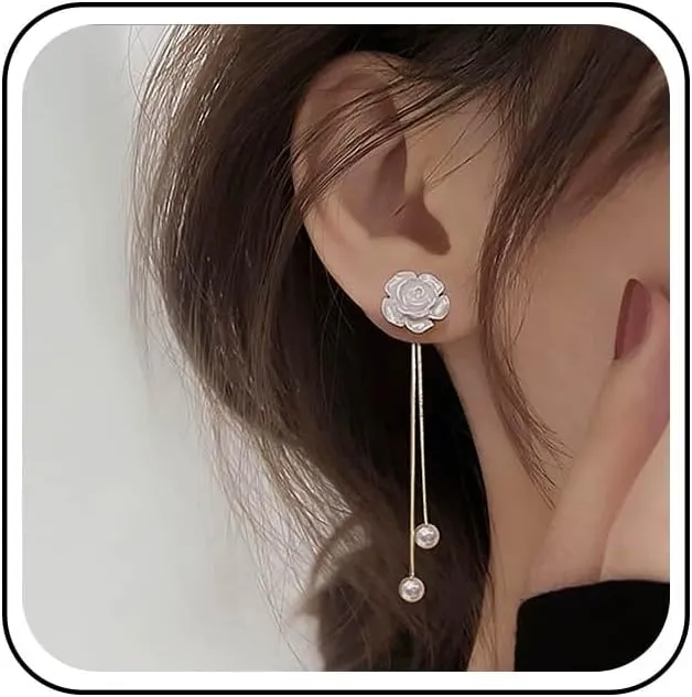 Vintage Pearl Flower Ear Jacket Earrings Flower Stud Earrings Long Pearl Tassel Drop Earrings Long Pearl Dangle Earrings for Women
