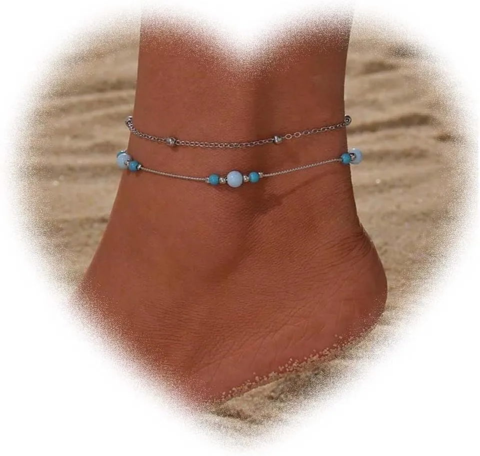 W WEILIRIAN Bohemian Layered Blue Bead Anklet for Women Round Bead Ankle Bracelets Vintage Station Ball Anklets Silver Ball Anklets Chain Bracelet Summer Beach Foot Ankle Chain Jewelry