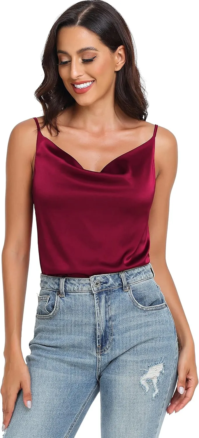 Wantschun Women's Cowl Neck Camisole Silk Satin Adjustable Spaghetti Strap Tank Top Cami Blouse S-3XL