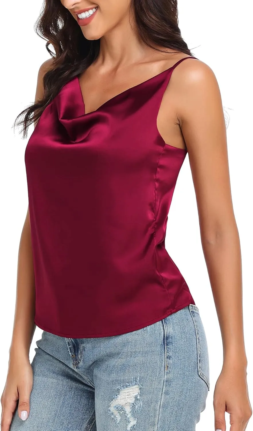 Wantschun Women's Cowl Neck Camisole Silk Satin Adjustable Spaghetti Strap Tank Top Cami Blouse S-3XL