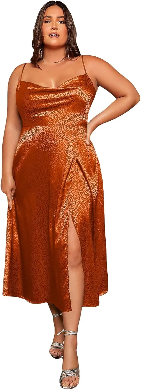 WDIRARA Women's Plus Size Satin Cowl Neck Spaghetti Strap Slit Long Cami Dress Slip Dress