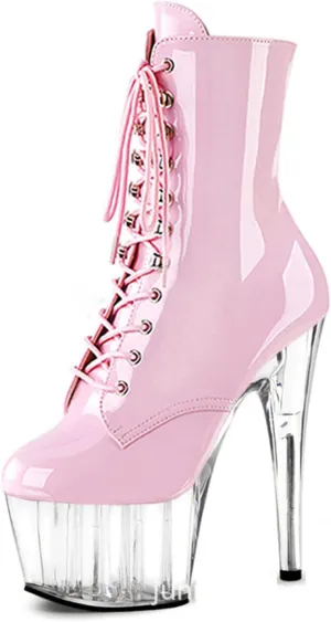 WOilERQ Sexy Crystal Platform Booties for Women Stiletto Crystal Heel Round Toe Mid Calf Boot Sexy Pole Dancing Stripper Club Heeled Dress Shoes Patent Leather 6.7"