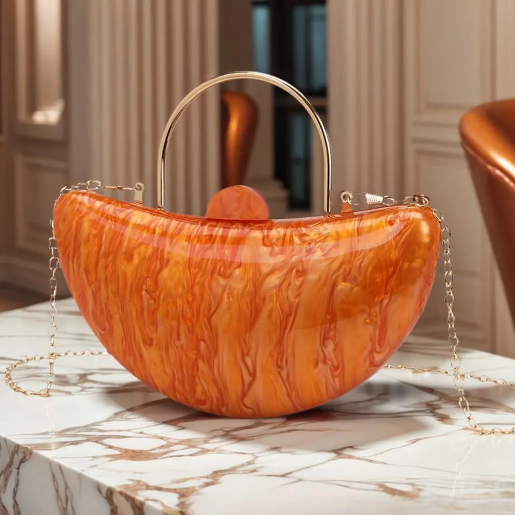 Women Cute Crescent Acrylic Handle Evening Bag Moon Marbling Clutch Purse with Removable Chain for Dating Traveling