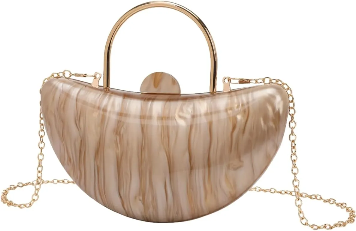 Women Cute Crescent Acrylic Handle Evening Bag Moon Marbling Clutch Purse with Removable Chain for Dating Traveling