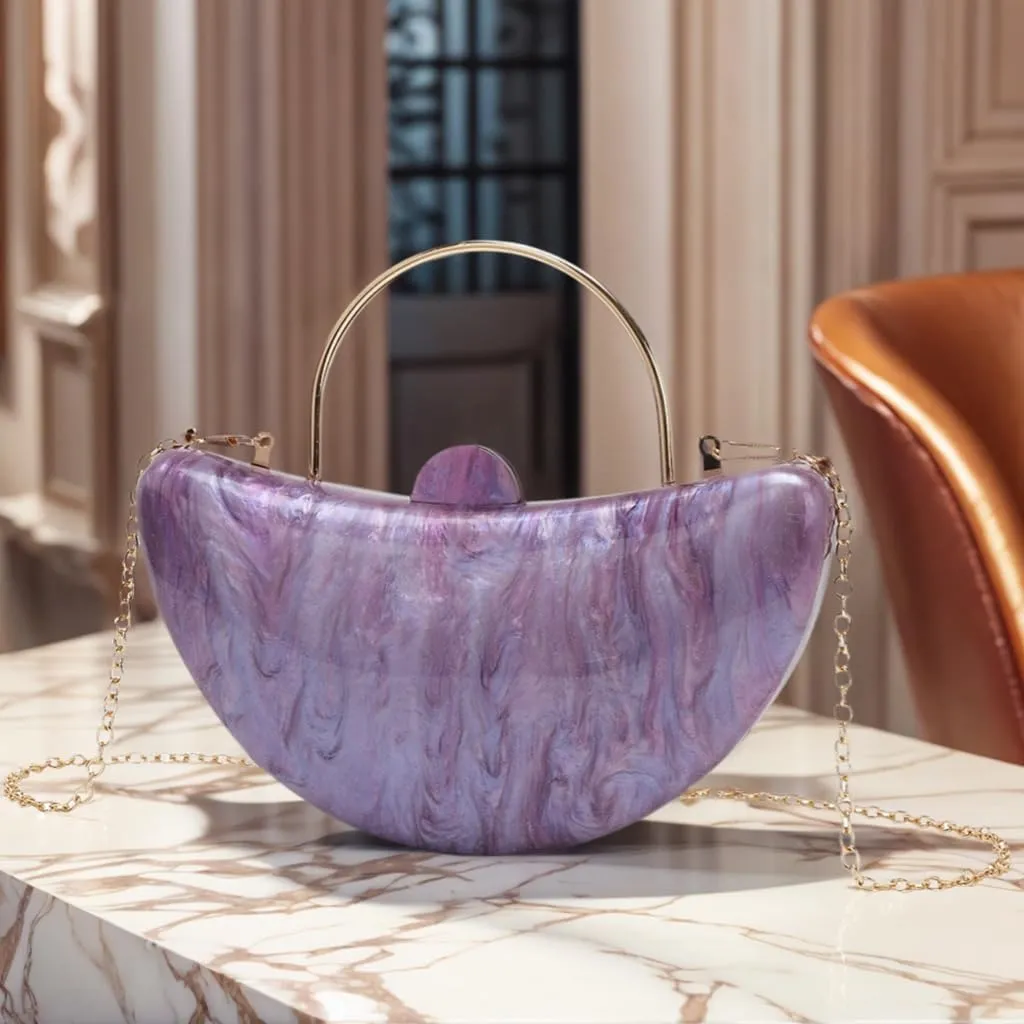 Women Cute Crescent Acrylic Handle Evening Bag Moon Marbling Clutch Purse with Removable Chain for Dating Traveling