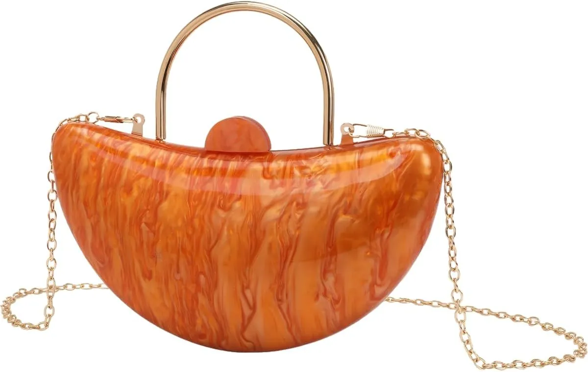 Women Cute Crescent Acrylic Handle Evening Bag Moon Marbling Clutch Purse with Removable Chain for Dating Traveling