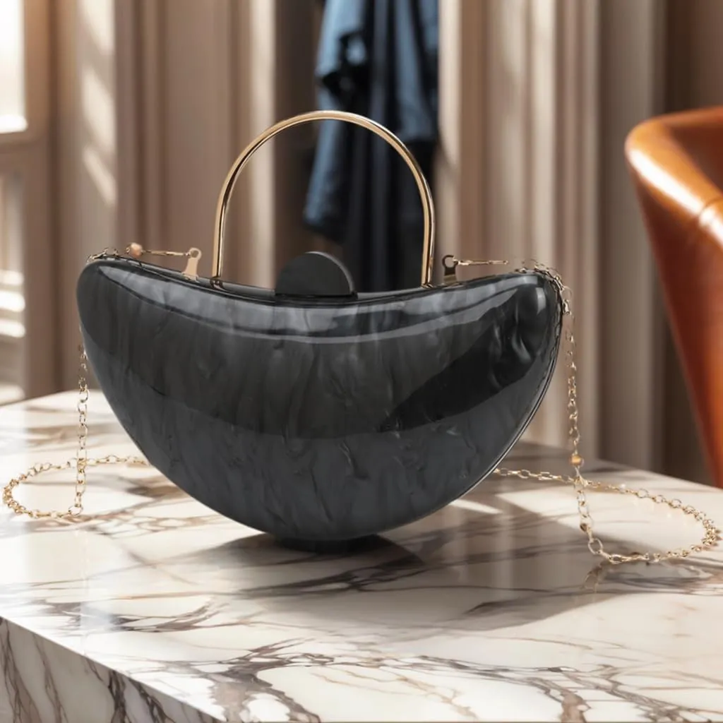 Women Cute Crescent Acrylic Handle Evening Bag Moon Marbling Clutch Purse with Removable Chain for Dating Traveling