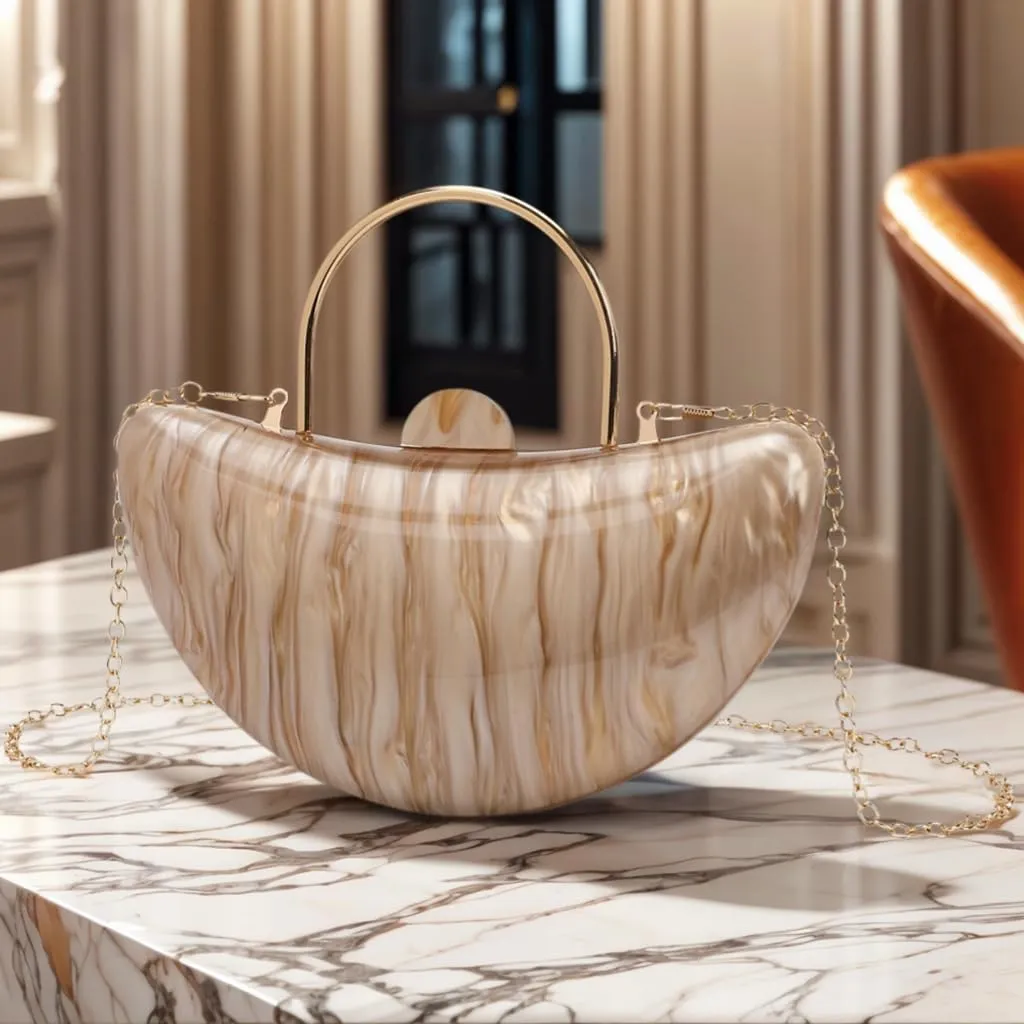 Women Cute Crescent Acrylic Handle Evening Bag Moon Marbling Clutch Purse with Removable Chain for Dating Traveling