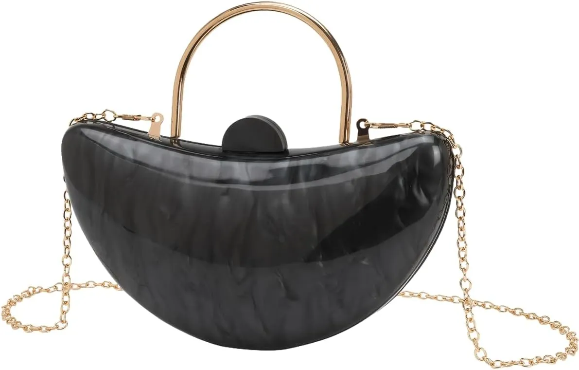 Women Cute Crescent Acrylic Handle Evening Bag Moon Marbling Clutch Purse with Removable Chain for Dating Traveling
