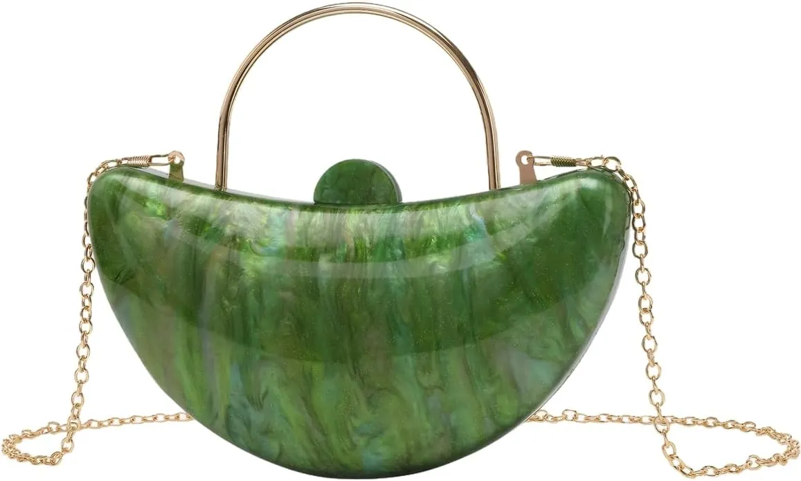Women Cute Crescent Acrylic Handle Evening Bag Moon Marbling Clutch Purse with Removable Chain for Dating Traveling