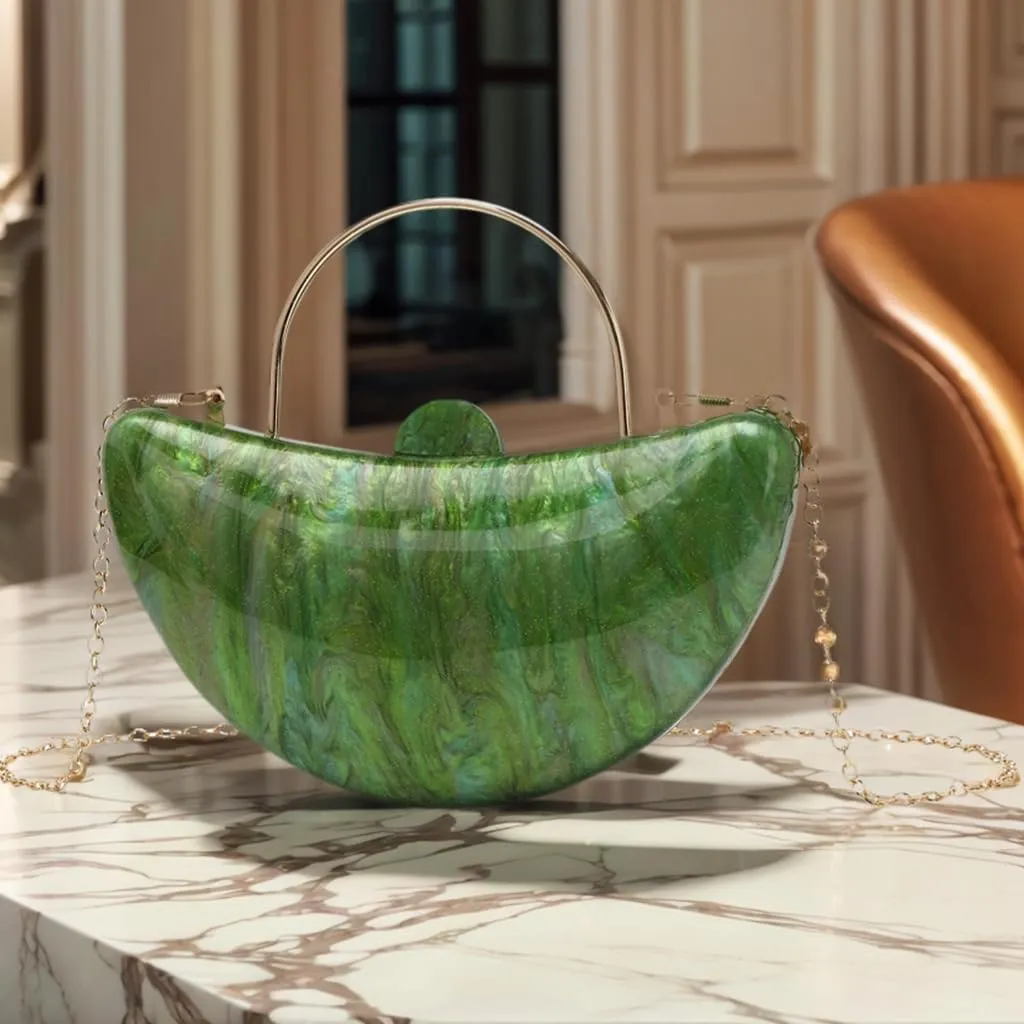 Women Cute Crescent Acrylic Handle Evening Bag Moon Marbling Clutch Purse with Removable Chain for Dating Traveling