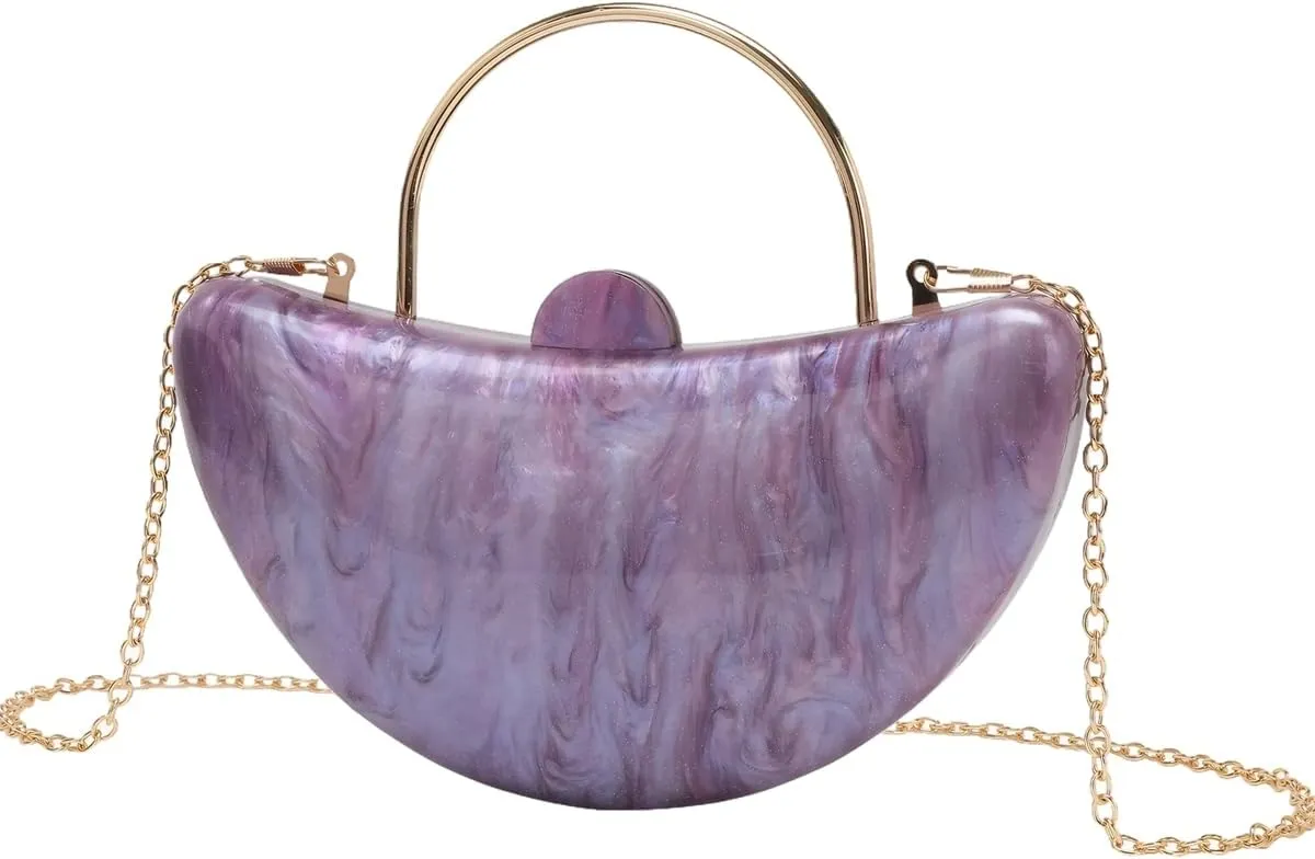 Women Cute Crescent Acrylic Handle Evening Bag Moon Marbling Clutch Purse with Removable Chain for Dating Traveling