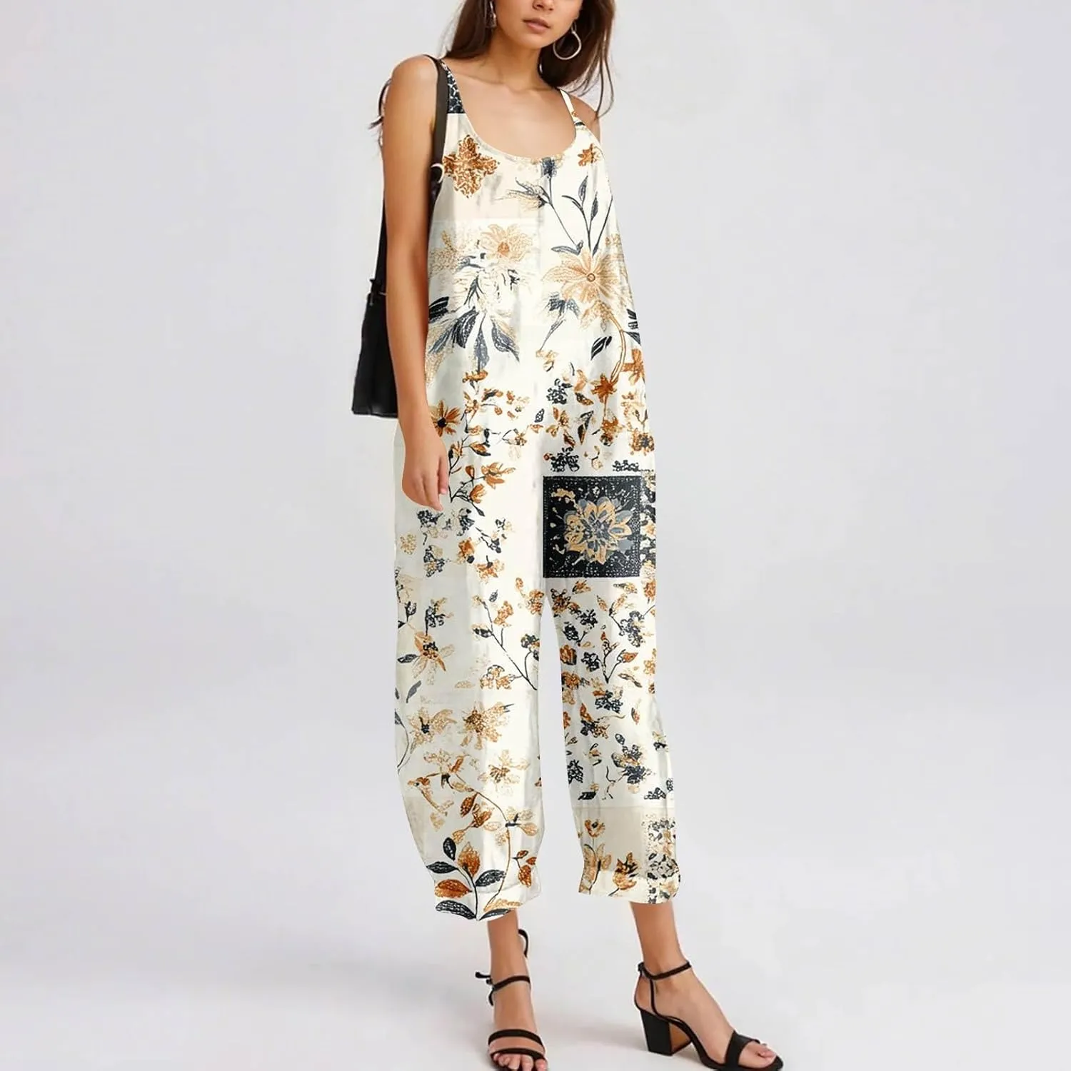Womens Boho Floral Jumpsuits Cotton Linen Sleeveless Spaghetti Strap Overalls Baggy Retro Wide Leg Romper