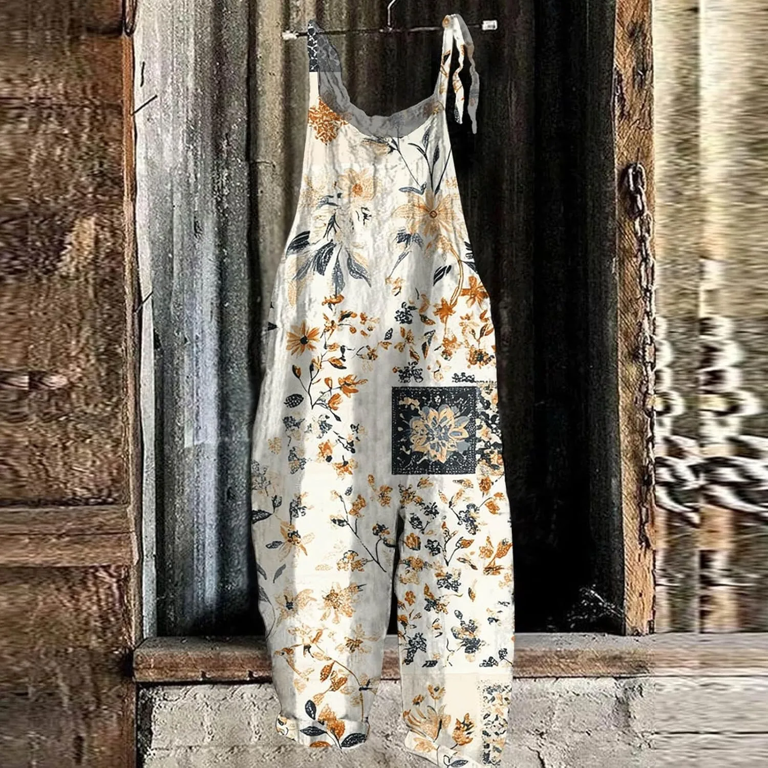 Womens Boho Floral Jumpsuits Cotton Linen Sleeveless Spaghetti Strap Overalls Baggy Retro Wide Leg Romper