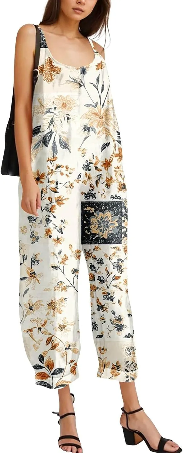 Womens Boho Floral Jumpsuits Cotton Linen Sleeveless Spaghetti Strap Overalls Baggy Retro Wide Leg Romper