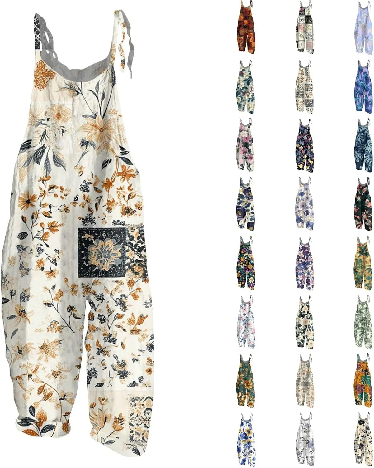 Womens Boho Floral Jumpsuits Cotton Linen Sleeveless Spaghetti Strap Overalls Baggy Retro Wide Leg Romper
