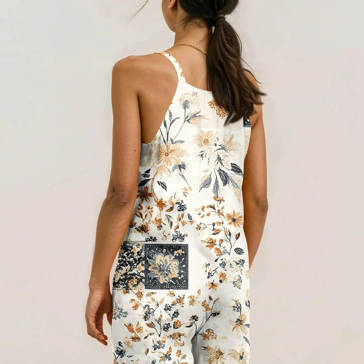 Womens Boho Floral Jumpsuits Cotton Linen Sleeveless Spaghetti Strap Overalls Baggy Retro Wide Leg Romper