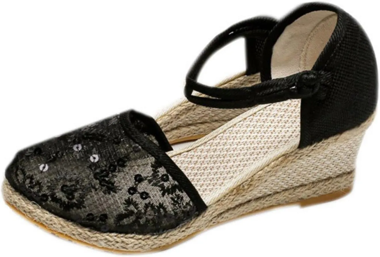 Womens Espadrille Wedge Sandals Closed Toe Platform Non Slip Sandals Elegant Summer Casual Espadrilles Wedge Sandal Lace Up Ankle Strap Summer Dress Shoes