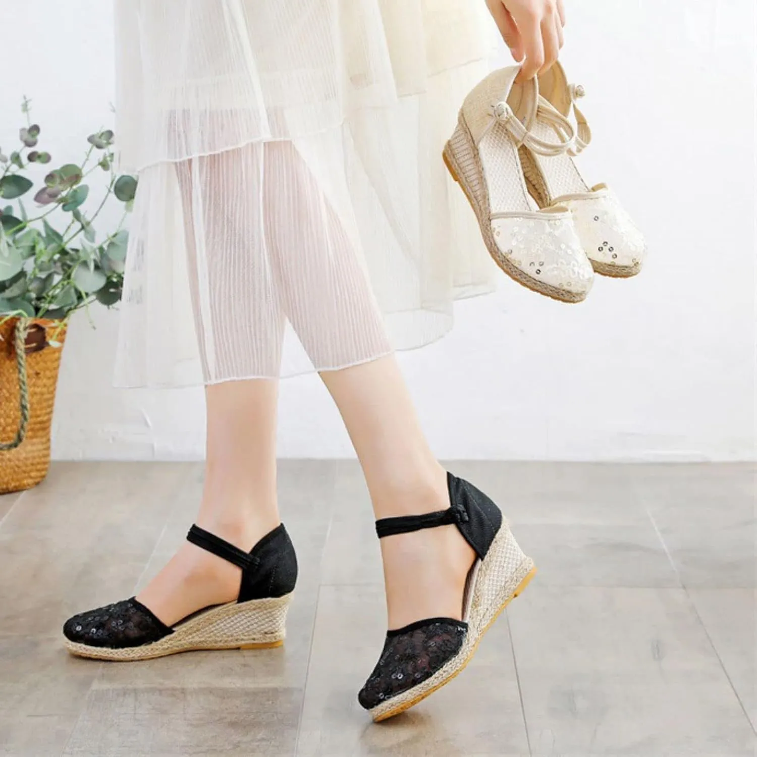 Womens Espadrille Wedge Sandals Closed Toe Platform Non Slip Sandals Elegant Summer Casual Espadrilles Wedge Sandal Lace Up Ankle Strap Summer Dress Shoes