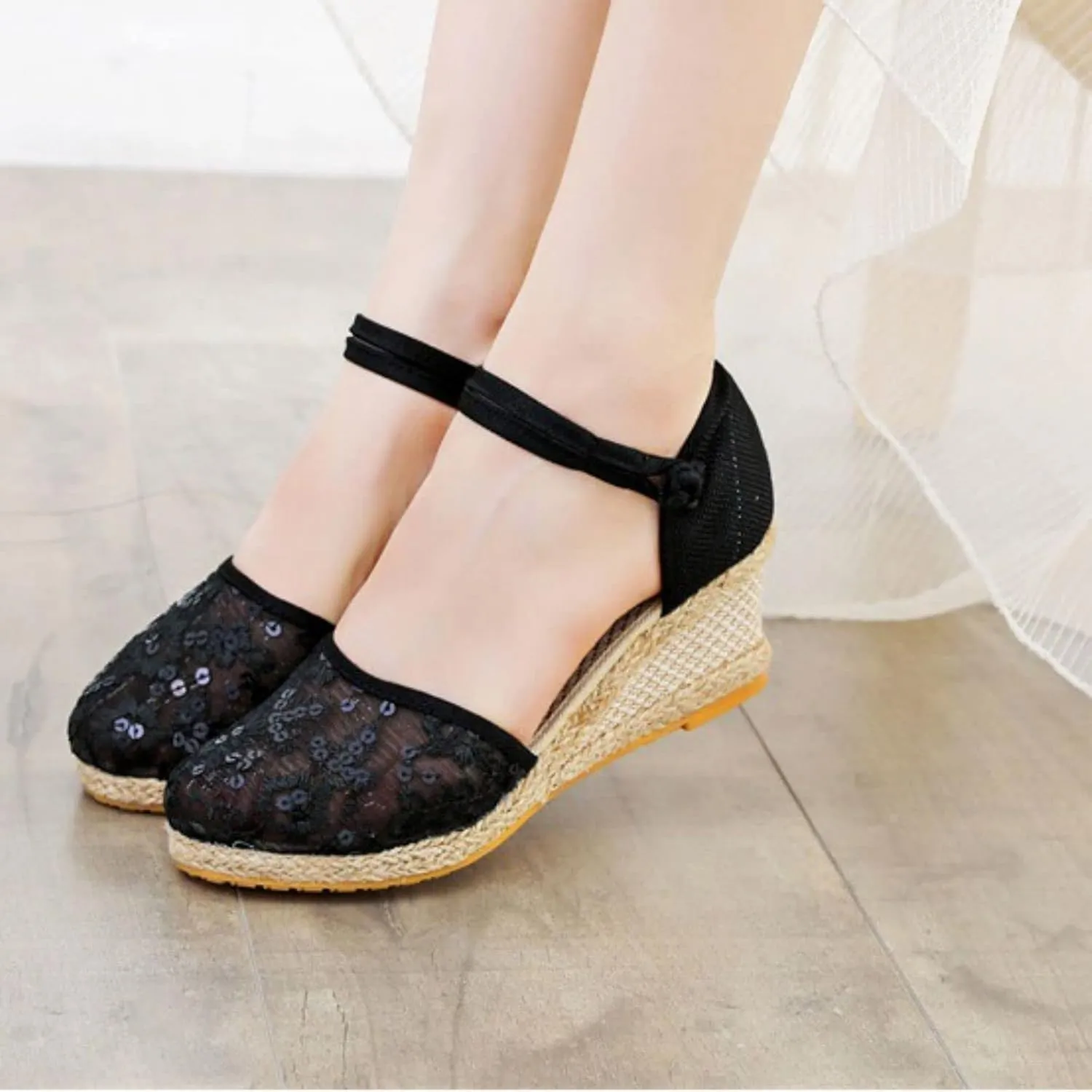 Womens Espadrille Wedge Sandals Closed Toe Platform Non Slip Sandals Elegant Summer Casual Espadrilles Wedge Sandal Lace Up Ankle Strap Summer Dress Shoes
