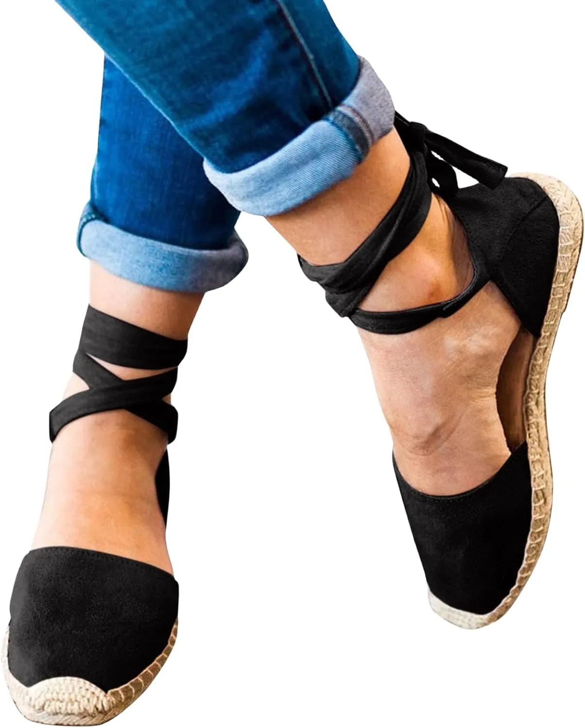 Womens Flat Espadrille Closed Toe Sandals Summer Espadrilles Heel Slingback Ankle Buckle Strap Shoes Lace Up Comfy Casual Outdoor Classic Sandals Breathable Lightweight Walking Footwear
