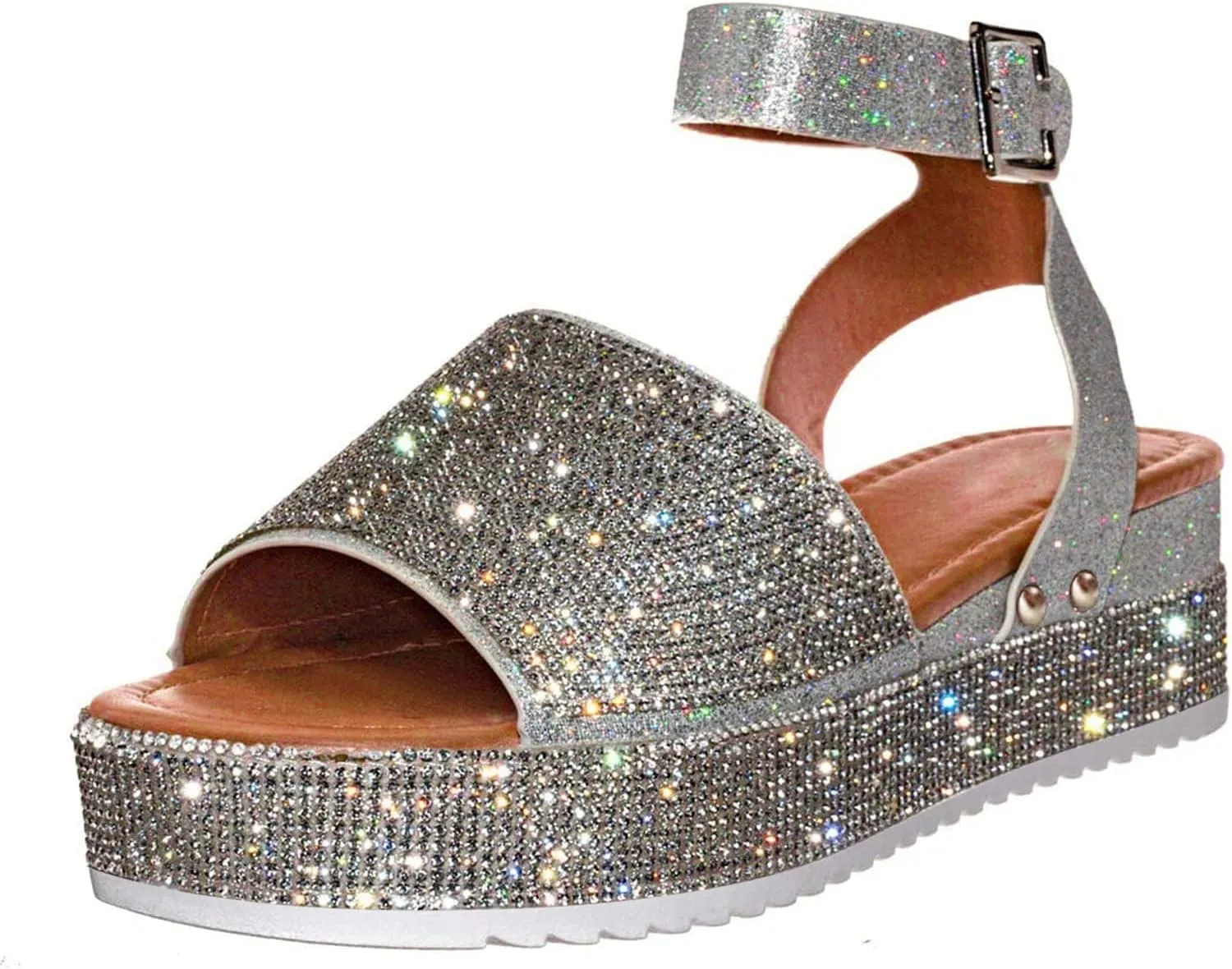 Womens Rhinestones Platform Sandals Summer Casual Buckle Ankle Strap Buckle Open Toe Sandals Dress Shoes