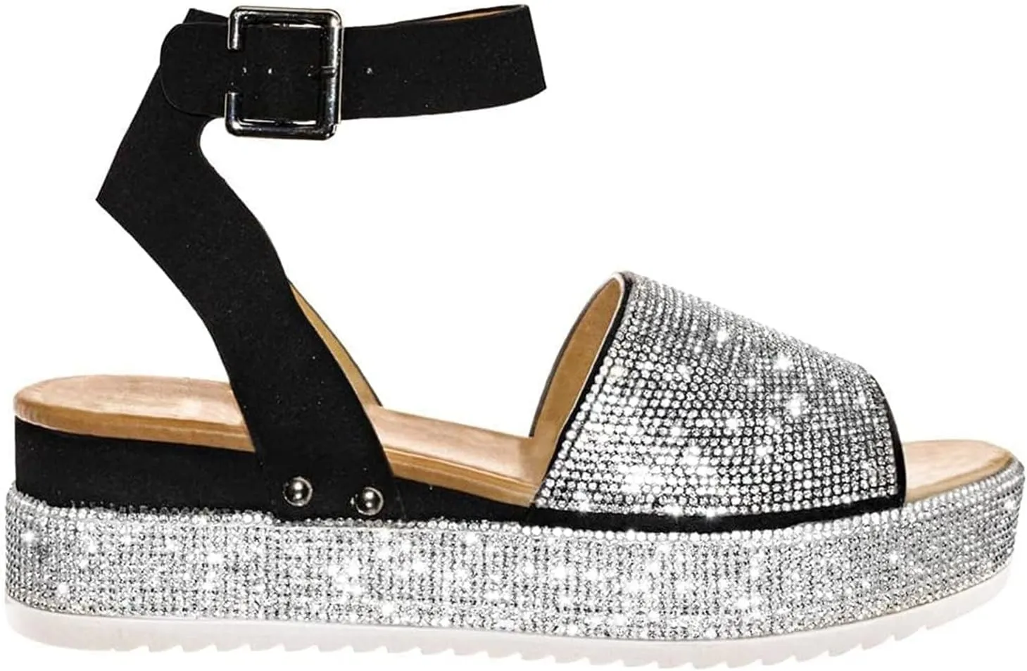 Womens Rhinestones Platform Sandals Summer Casual Buckle Ankle Strap Buckle Open Toe Sandals Dress Shoes