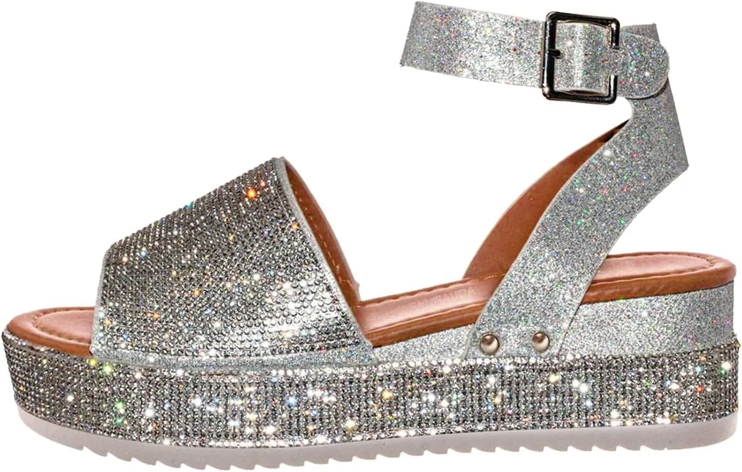 Womens Rhinestones Platform Sandals Summer Casual Buckle Ankle Strap Buckle Open Toe Sandals Dress Shoes