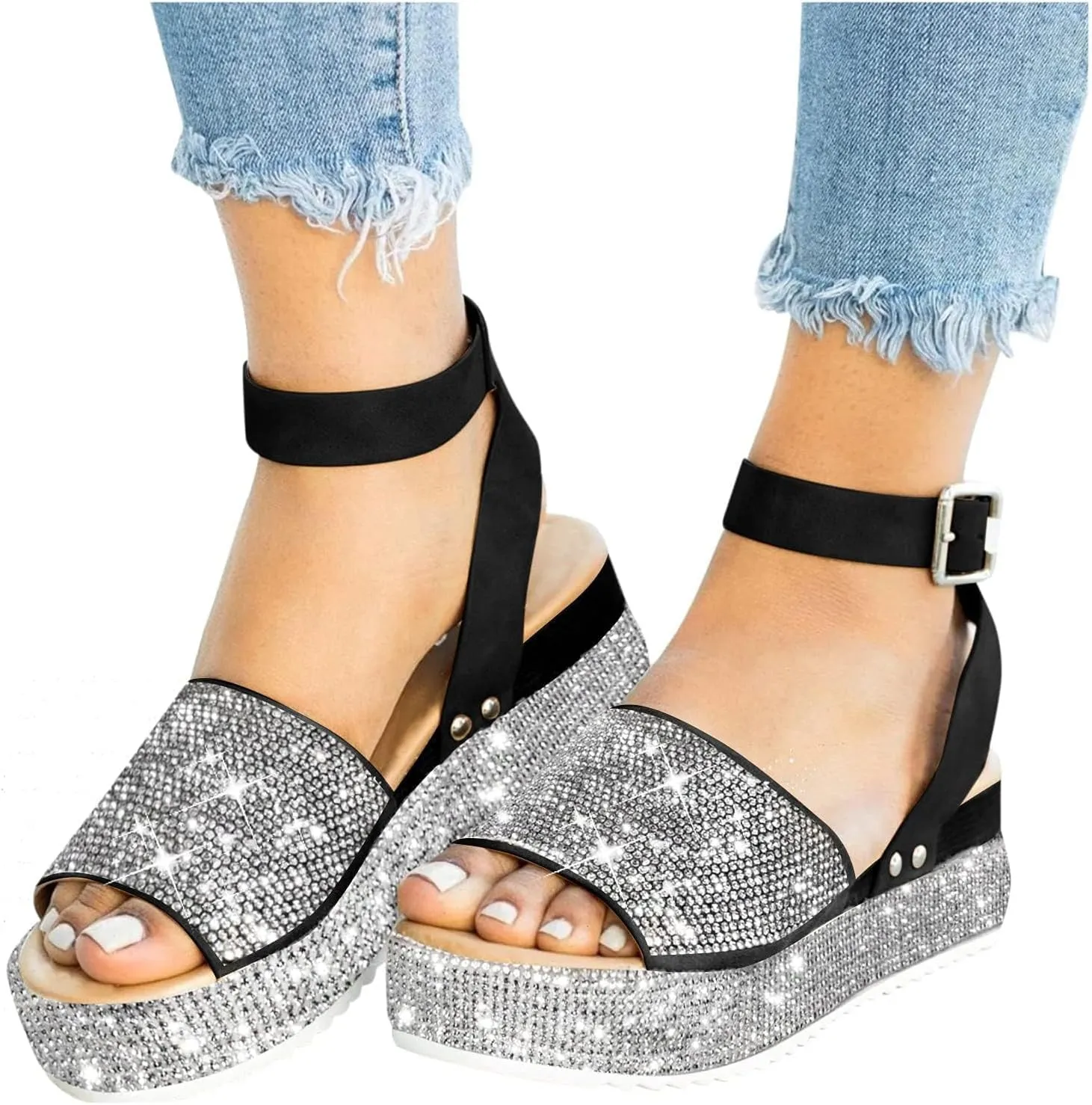 Womens Rhinestones Platform Sandals Summer Casual Buckle Ankle Strap Buckle Open Toe Sandals Dress Shoes