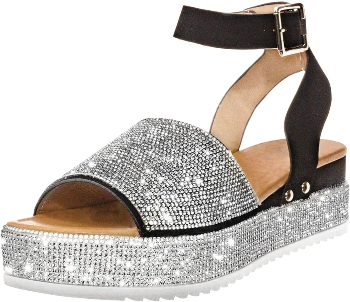 Womens Rhinestones Platform Sandals Summer Casual Buckle Ankle Strap Buckle Open Toe Sandals Dress Shoes